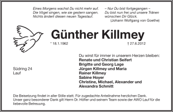 Traueranzeige von Günther Killmey von Pegnitz-Zeitung
